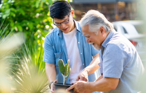 Father and son gardening